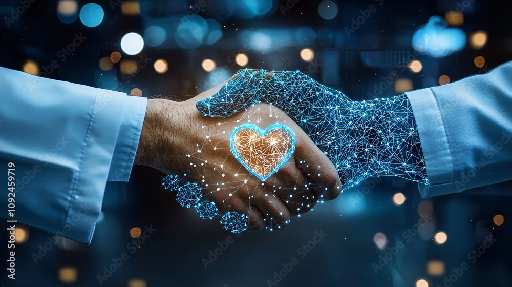 Poster a doctor and patient handshake with a stethoscope and heart icon in focus symbolizing trust and prof