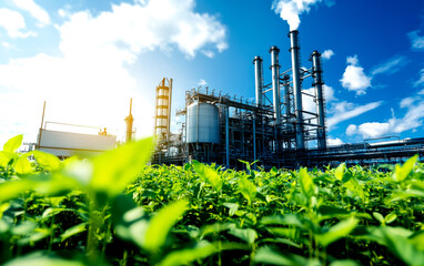 A vibrant industrial scene showing a factory near lush green plants under a bright sky, illustrating the balance between industry and nature.