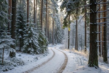 A winding forest path through a dense stand of pine trees with a blanket of fresh snow, evergreen forest, frozen ground, quiet forest