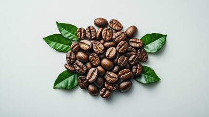 Obraz premium Coffee beans arranged with green leaves.