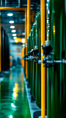 Fototapeta premium A row of green gas cylinders with shiny surfaces and yellow piping, set in a modern industrial environment, showcasing a clean and organized facility.