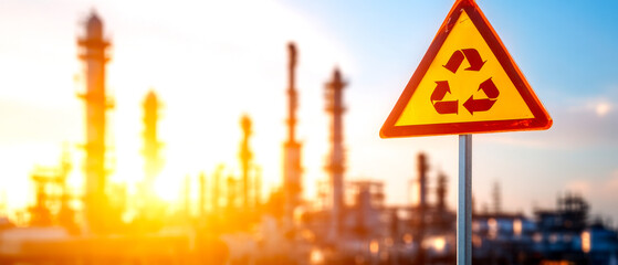 Obraz premium A bright sunset illuminates industrial facilities, featuring a prominent recycling sign, symbolizing sustainability in an urban landscape.