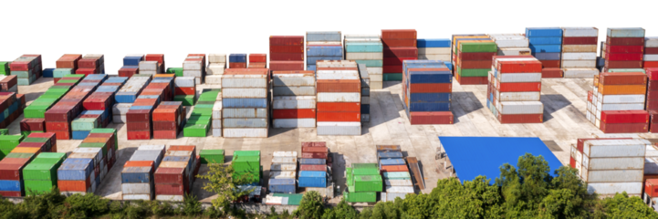 Stack of cargo containers in a terminal shipping yard on a white background.