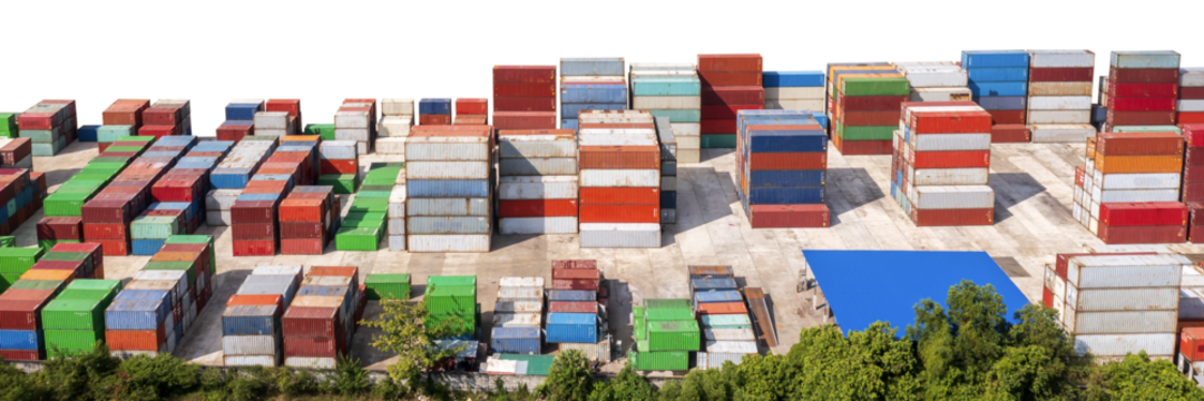 Stack of cargo containers in a terminal shipping yard on a white background.