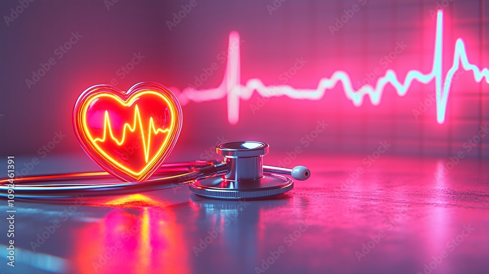 Aufkleber Stethoscope and a glowing red heart with an ECG line displayed behind it on a gradient background Stock Photo with side copy space
