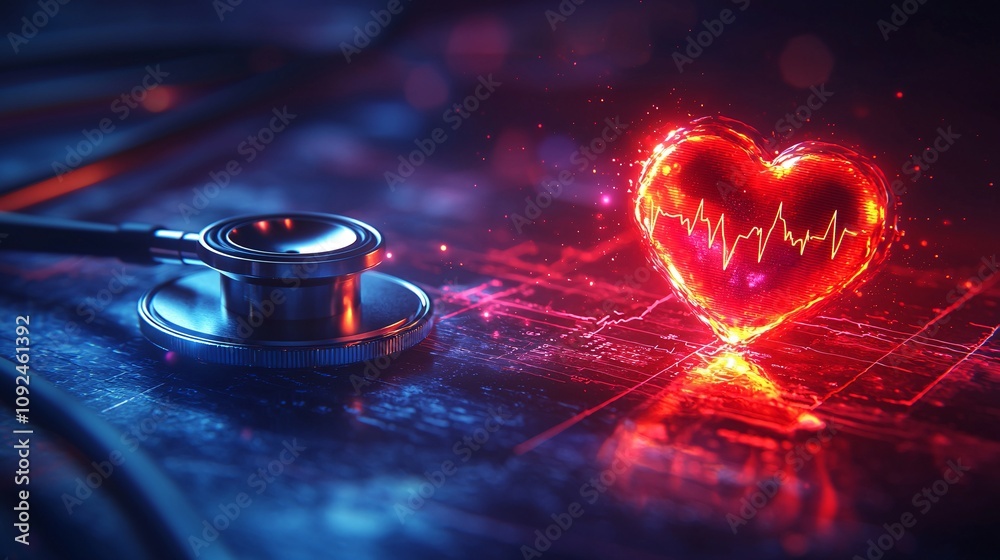 Poster Stethoscope and a glowing red heart with an ECG line displayed behind it on a gradient background Stock Photo with side copy space