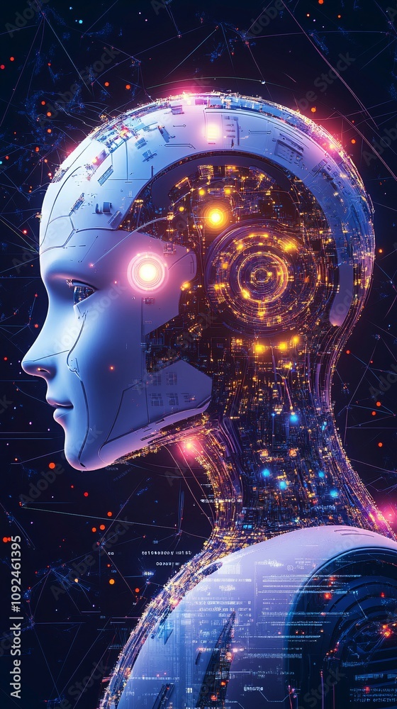 Fototapete Artificial intelligence robot showing complex circuitry and data flow