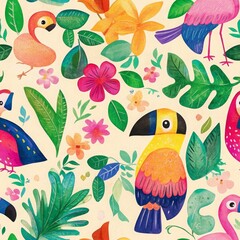 Colorful Tropical Birds in Whimsical Watercolor Style