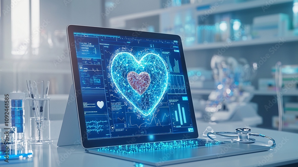Poster medical office desk with a stethoscope heart-shaped icon and tablet computer displaying healthcare s