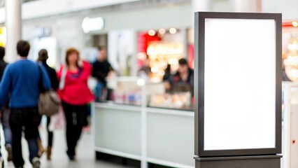 Obraz premium A softly blurred background featuring a brightly lit kiosk in a bustling shopping mall. 