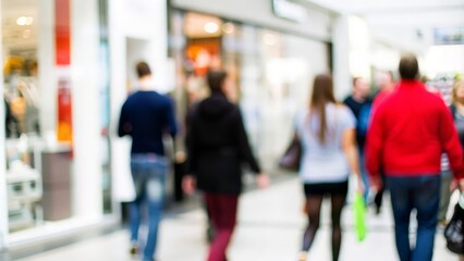 Naklejka premium A faintly blurred image of shoppers walking past retail stores. 