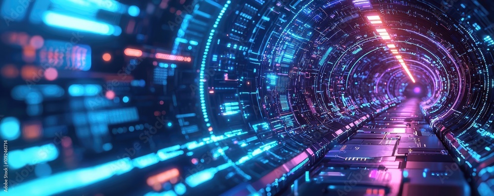 Aufkleber futuristic tunnel with glowing lights and circuit patterns, digital abstract art