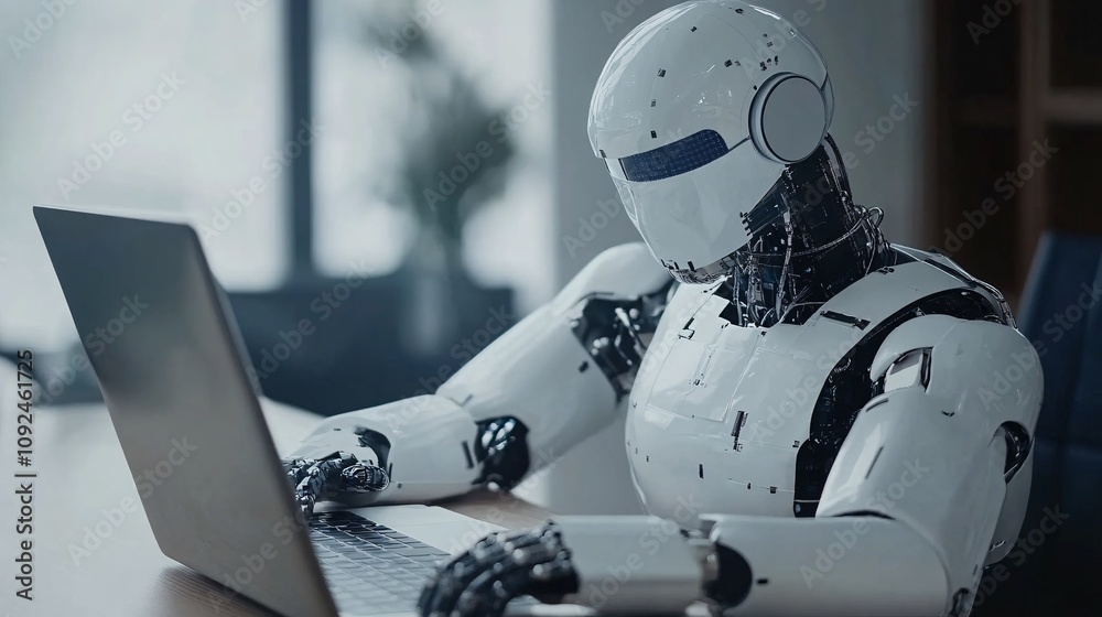 Poster futuristic robot working on laptop: embracing the era of artificial intelligence