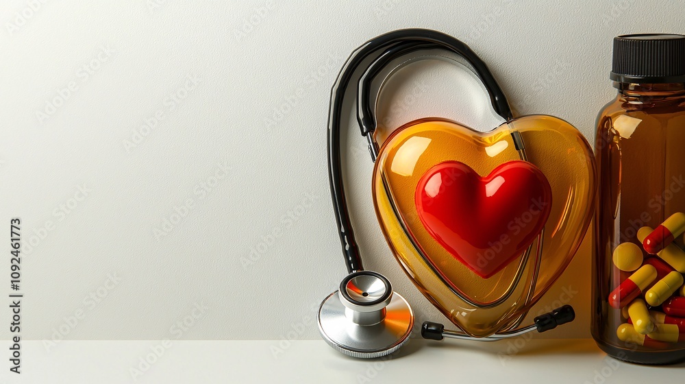 Poster stethoscope forming a heart shape beside a bottle of medicine and red heart icon on a clean white ba