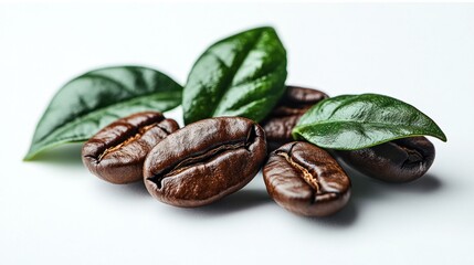 Obraz premium Coffee beans with green leaves on a white background.