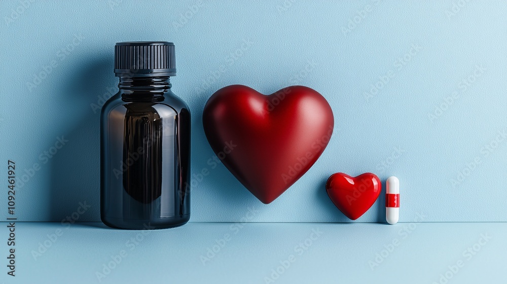 Poster stethoscope forming a heart shape beside a bottle of medicine and red heart icon on a clean white ba