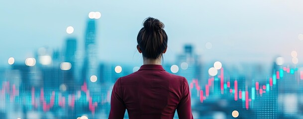 Woman meditating with city skyline and financial graph in the background.