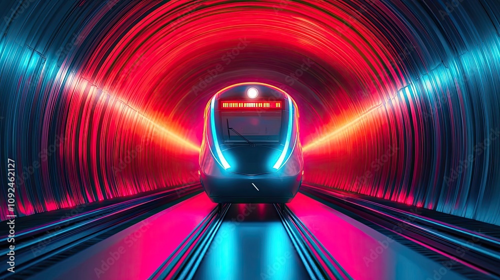 Poster futuristic train in a vibrant, illuminated tunnel with colorful lights.