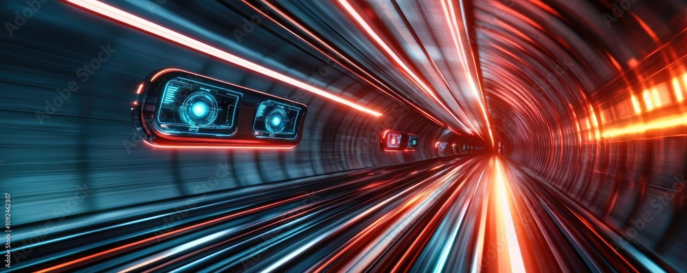 Poster futuristic tunnel with vibrant lights and dynamic energy movement.