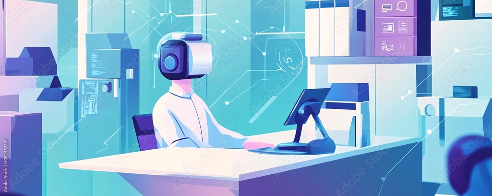 Poster Laboratory technician wearing vr headset working with futuristic computer interface