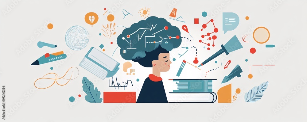 Poster Student studying and acquiring knowledge, generating ideas and thoughts