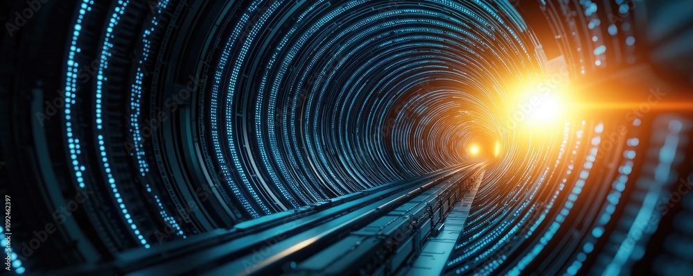 Poster futuristic tunnel with glowing lights and digital patterns, isolated on white.