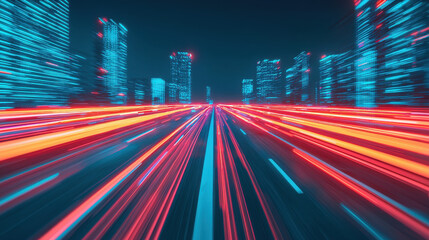 Fototapeta premium Futuristic cityscape with glowing lights and motion blur, showcasing vibrant red and blue streaks from vehicles on busy road