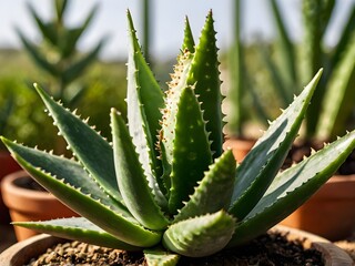 Fototapeta premium A lush aloe vera photographed at close range in a home garden