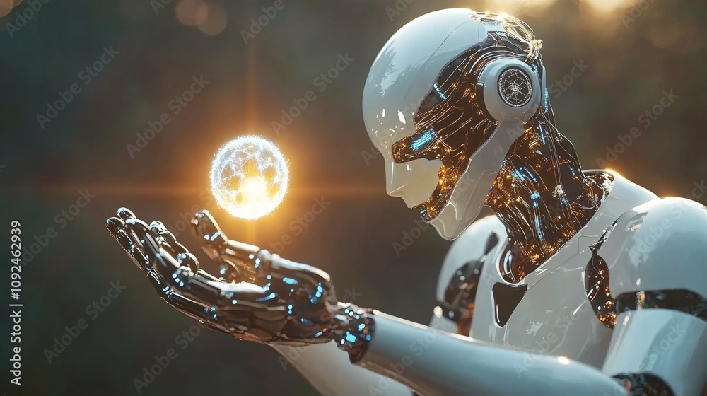 Poster futuristic robot holding glowing sphere of energy: artificial intelligence and innovation