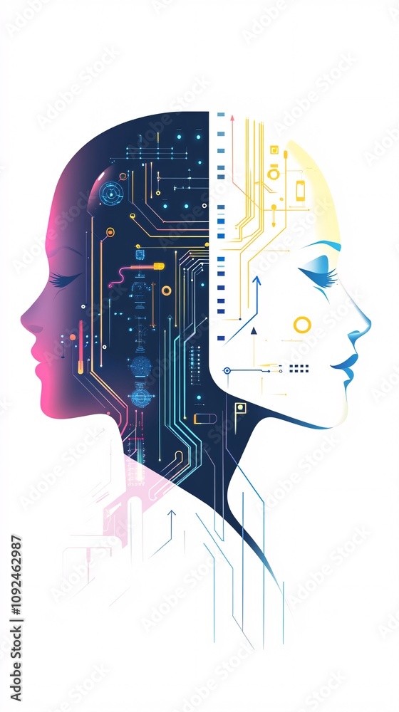 Poster Artificial intelligence creating human face with electronic circuits