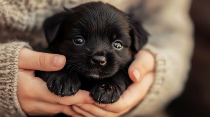 Hands holding a small black puppy with soft fur, tender and heartwarming moment, animal rescue and care, close-up with warm lighting