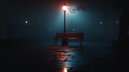 Lonely bench under a streetlight in a park, surrounded by mist, wet ground glistening, serene and melancholic atmosphere, quiet and peaceful night scene.