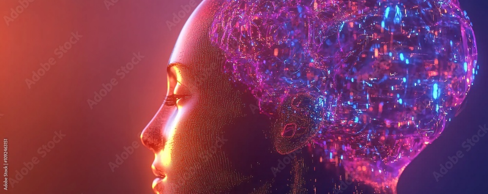 Poster artificial intelligence: human head showing digital brain activity