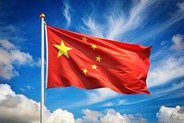 A red and yellow Chinese flag is flying in the sky