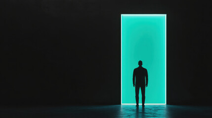 Obraz premium man stands in front of glowing turquoise door, creating mysterious atmosphere. contrast between dark surroundings and vibrant light evokes curiosity and intrigue