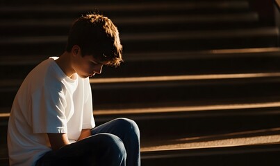 Lonely male student sitting on the stairs with a depressed expression, Generative AI 