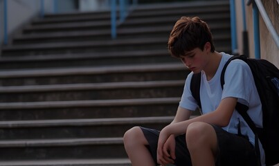 Lonely male student sitting on the stairs with a depressed expression, Generative AI 