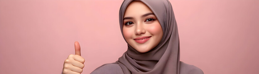 Fototapeta premium Smiling Woman in Hijab Gives Thumbs Up Against Pink Background