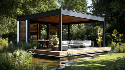 Obraz premium Modern Outdoor Pavilion with Wooden Deck Over Water, Featuring a Relaxing Seating Area and Dining Space