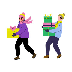 Happy guy and girl in winter clothes walking with gift boxes. Merry Christmas and Happy New Year. Vector illustration on a white background, flat.