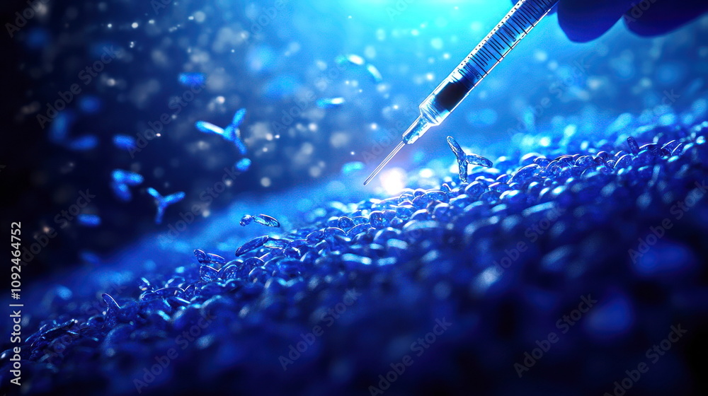 Poster Scientific research action laboratory setting micro injection blue lighting close-up view innovation