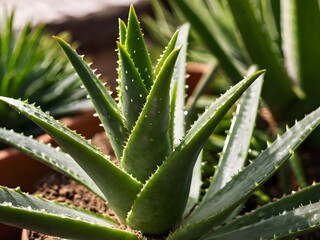 Fototapeta premium A lush aloe vera photographed at close range in a home garden