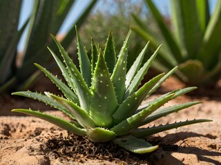 Obraz premium A lush aloe vera photographed at close range in a home garden