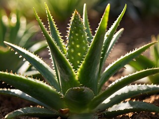 Fototapeta premium A lush aloe vera photographed at close range in a home garden