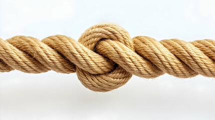 Close-up of a Thick, Tan Rope Tightly Knotted Together, Isolated on White Background
