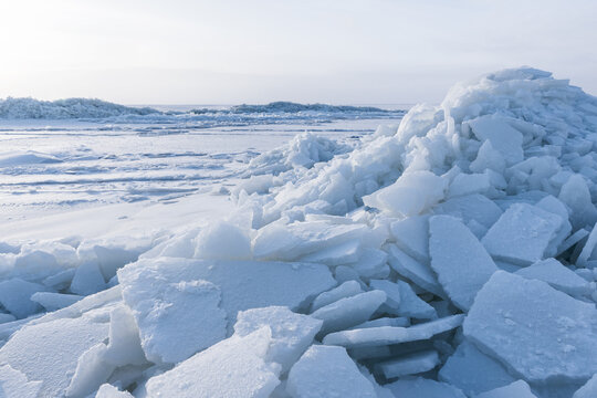 Winter landscape photography. Ice hummocks covered with snow