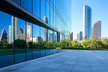 Fototapeta premium Modern Cityscape Reflection on Glass: Urban city skyline reflected on a building's glass facade, capturing a sleek, architectural perspective. 
