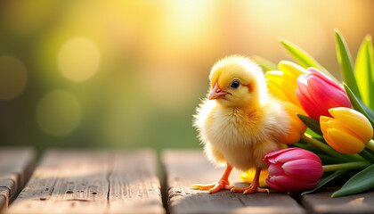 Fluffy yellow chick standing beside a bunch of vibrant tulips, sunlight highlighting the soft feathers and colorful petals, set on a rustic wooden table, cheerful and spring-themed atmosphere