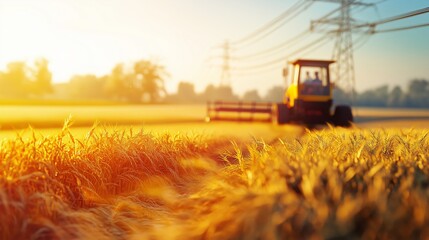 Fototapeta premium Tractor harvesting wheat in a golden sunset field, capturing the essence of rural farming and agricultural tradition, Generative KI