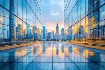 Fototapeta premium Modern Cityscape Reflection on Glass: Urban city skyline reflected on a building's glass facade, capturing a sleek, architectural perspective. 